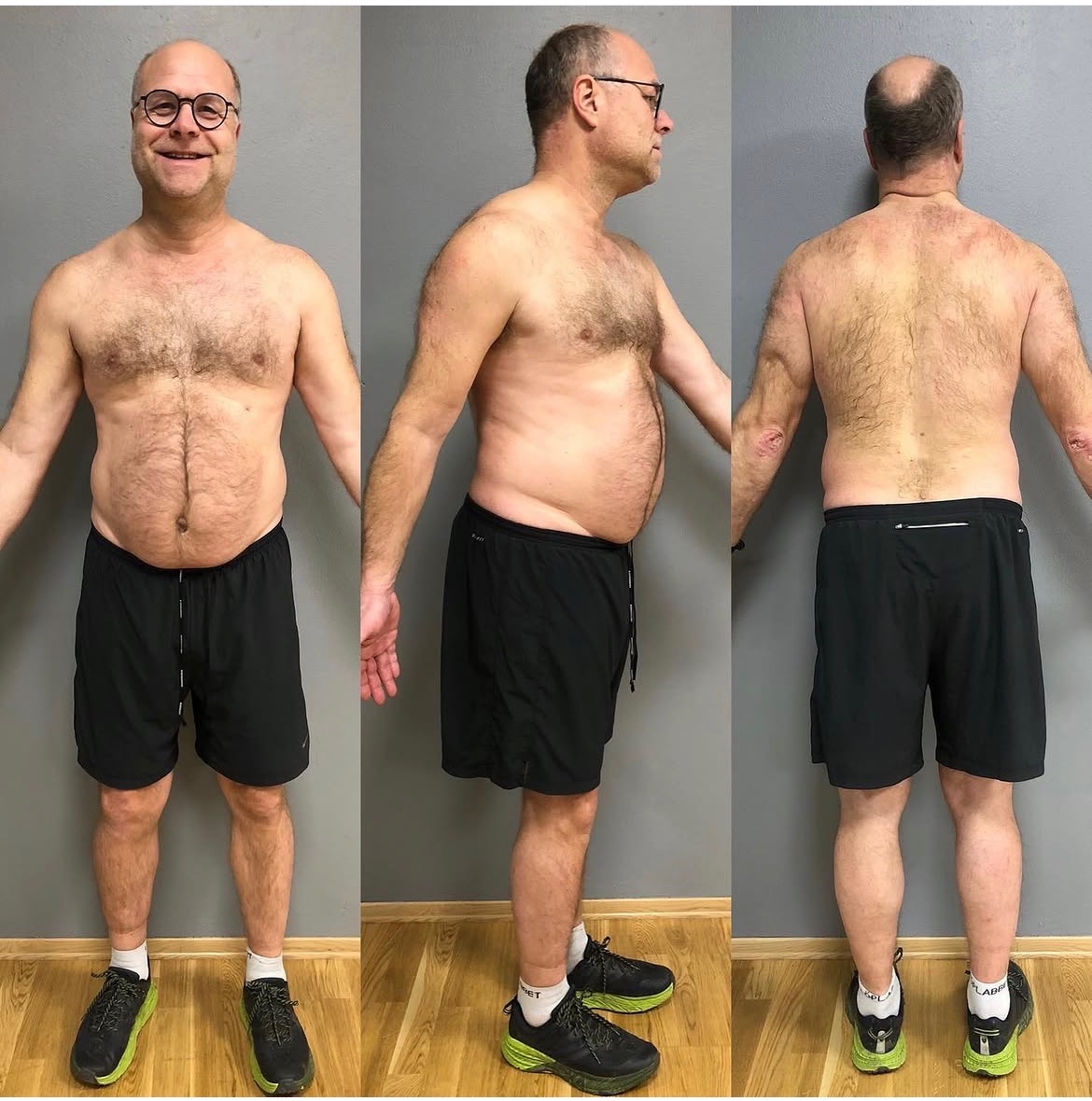Male client's leaner physique shown from the front, side and back after months of strength training at Path Studio Co