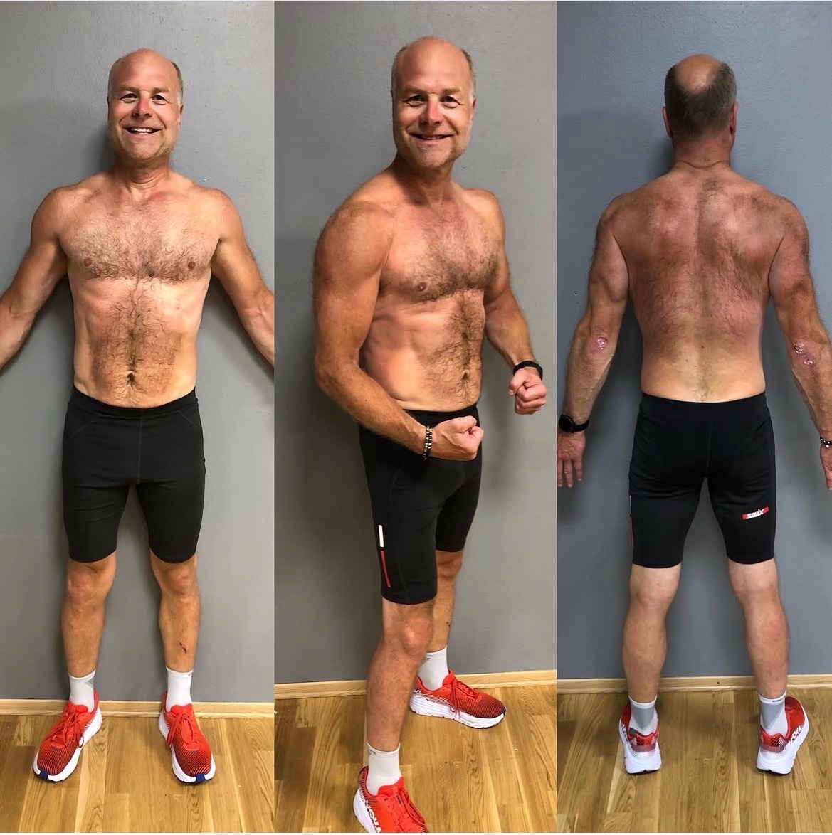 Male client showing visible muscle definition and posture improvements after consistent coaching with Heidi